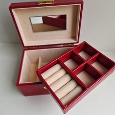 Red Textured Leather Travel Jewellery Case Mirror Tray Handle No Key 6x4 inch