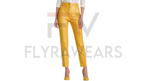 Women yellow leather pants - yellow,