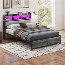 Double Size LED Bed Frame w/ Headboard, USB Ports & Storage Shelves