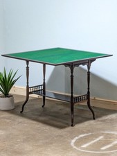 Antique Folding Card Table Games Green Felt On Ceramic Casters Vintage Edwardian