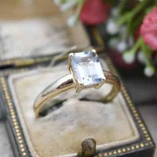 Vintage 9ct Gold Aquamarine Solitaire Ring Emerald Cut - Large Prong Blue Single