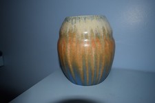 A Rare Ruskin Vase, Crystalline Blue, Orange and Cream 6 1/4" high 1931