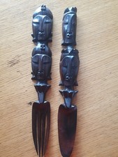 Vintage Hand Carved Macassar Ebony Decorative Fork & Spoon With Two Heads