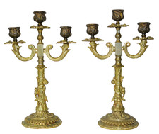 A Pair of Heavy Brass Candlesticks Candelabra 3 Taper Candles approx 12" Tall