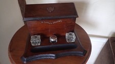 Antique  Mahogany Stationary Box Letter Rack with Inkwells & Pen Holder - Nice