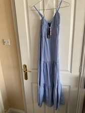 PLT Blue Strappy Pinstripe Tiered Maxi Dress Size 8 Petite BNWT