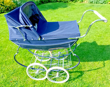 Vintage Navy Silver Cross coachbuilt dolls pram includes cover and basket vgc