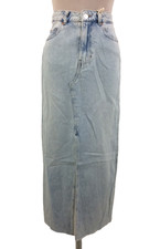 M&S Women's Maxi Skirt Light Blue Denim Frayed Hem Deep Split Zip Pockets New F1