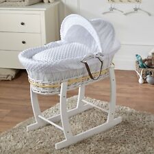 Baby Moses Basket With Stand White Dimple Bedding and Mattress White Wicker