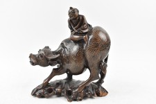 Vintage Chinese Carved Brown Wooden Boy & Water Buffalo Figurine Ornament Decor 