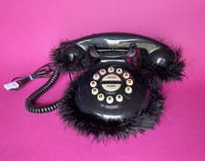 VINTAGE 90s Black Marabou Feathers Rotary Style Working Push Button Phone Prop