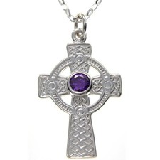 Sterling silver and purple amethyst Celtic Cross pendant with 18" silver chain
