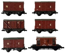 6X PECO N GAUGE NE BROWN ROLLING STOCK WAGONS 5X VANS & BRAKE VAN