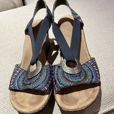 Ladies Rieker Blue Multicoloured Elasticated Wedge Sandals Size UK 7.5