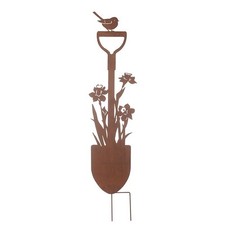 Core-Ten Rusty Metal Robin on a Spade & Flowers Stake Garden Ornament 90cm Tall