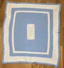Vintage Afghan Crochet Baby Blanket Throw Handmade White And Blue 42”by 48”