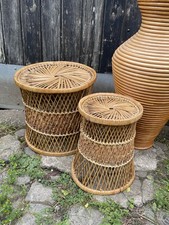 2x Vintage Round Woven Wicker Rattan Basket Pedestal Table Plant Stand Nesting