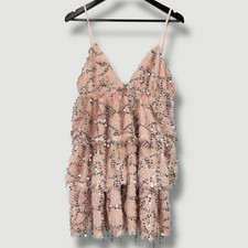 ASOS DESIGN Womens Soft Pink Cami Faux Feather Mini Dress with Sequins UK-12 New