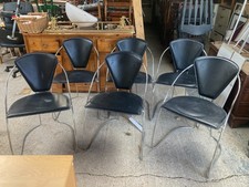 Vintage Style Designer Chrome Frame Black Faux Leather Carver Dining Chairs x 6