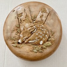 Vintage Ceramic Dimensional Fawn Deer Woods Dresser Box Vanity Jar 6" x 2.75"