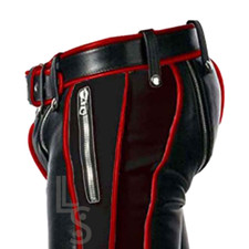 REAL Black-Red COW LEATHER Chaps Bondage Heavily Zipped Padded Kink Pant For Men
