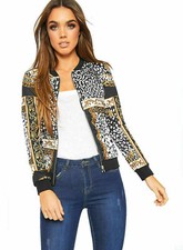 Ladies Bomber Zipper Jacket Baroque Chain Leopard Print UK 8-22