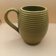 Burton Pottery Stoneware Green / Mustard Ribbed Tankard Vase Jug 13cm