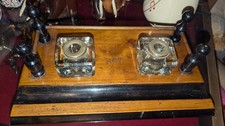 Vintage Wooden Desk Stand Double Inkwell Glass Ink Pots  Ebonised Trim 
