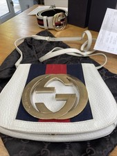 Gucci Hand Bag White Leather Gold logo red and blue stripe