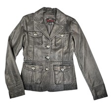 Vintage Miss Sixty Gray Faux Leather Fitted Flare Jacket w Buttoned Pockets XS