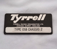 Rare Original 1989 Formula One F1 Tyrrell Type 018 Chassis 2 Makers Plate