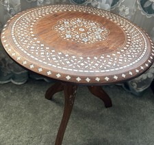 Handmade Wooden Round Side Table – Inlaid Floral Design – Decorative Accent