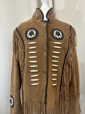 OSX Western Native American Beaded Tasseled Vintage Suede Leather Jacket K65