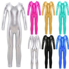 UK Girls Full Length Jumpsuit Shiny Metallic Gymnastics Unitards Dance Leotard
