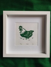 Hen Chicken - Lino Art Print framed With Mount - black, teal, pink or red print