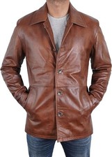 Mens Classic Leather Car Coat 3/4 Length - Button Up Real Lambskin Long Jacket