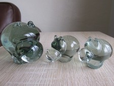 Glass Hippo Paperweights, Hippo Family, 3 Glass Animal Figures, Ornaments