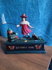Vintage Cast Iron Mechanical Butterfly Money Box. Working Order.