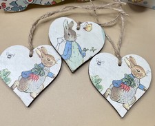 3 X Decoupaged 6cm Hearts using Peter Rabbit Paper Keepsake Tag Gift