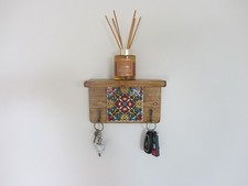 red yellow blue flower 2 hook key holder wall shelf reclaimed wood Mexican tiles
