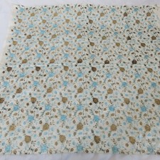 SHINY WHITE WITH PALE BLUE & BROWN TINY BUSY CREWEL EMBROIDERY REMNANT FABRIC