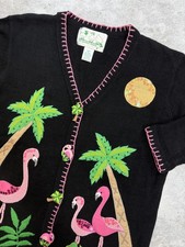 Quacker Factory Cardigan Sweater Womens Medium Black Flamingo Palm Tree Applique