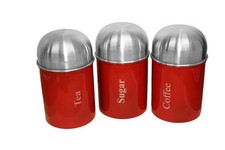 Stainless Steel Dome Canister Tea Coffee Sugar Kitchen Storage  Jar Pot Set Red