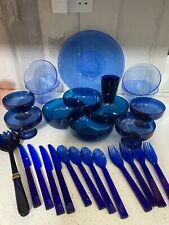 Picnicware blue 8 asst Bowls 3 Lrg Plates 3 Cups 12 Cutlery divided dish servers
