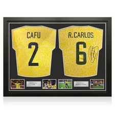 Cafu and Roberto Carlos Signed Brazil 2024 Football Shirts. Dual Frame