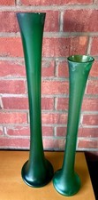 Pair of vintage green art glass trumpet vases