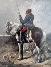 Portrait Of A Mounted Cavalryman - 19th C Oil on Millboard - Monogrammed