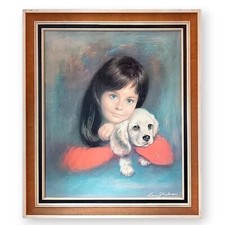 1960s Kitsch art by Lou Shabner "Puppy Love" Large Vintage Original Framed Print