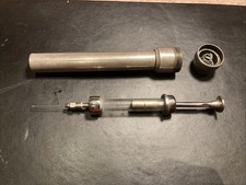 Antique/Vintage Complete Glass Syringe With Tube Container Stainless Steel- Rare