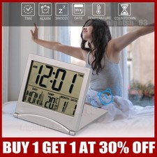 Folding LCD Digital Alarm Clock Weather Station Desk Temperature Travel Clock ~